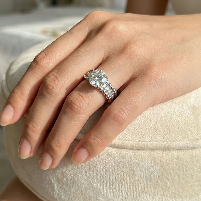 Hidden Halo Round Moissanite with Triple Row Beaded Pavé Engagement Ring