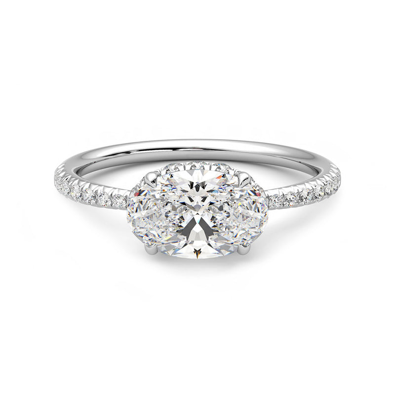 Horizontal Hidden Halo Oval Moissanite Pave Engagement Ring
