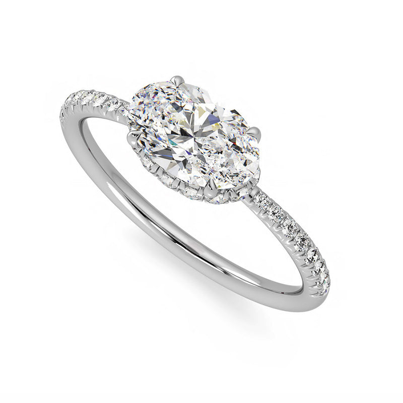 Horizontal Hidden Halo Oval Moissanite Pave Engagement Ring
