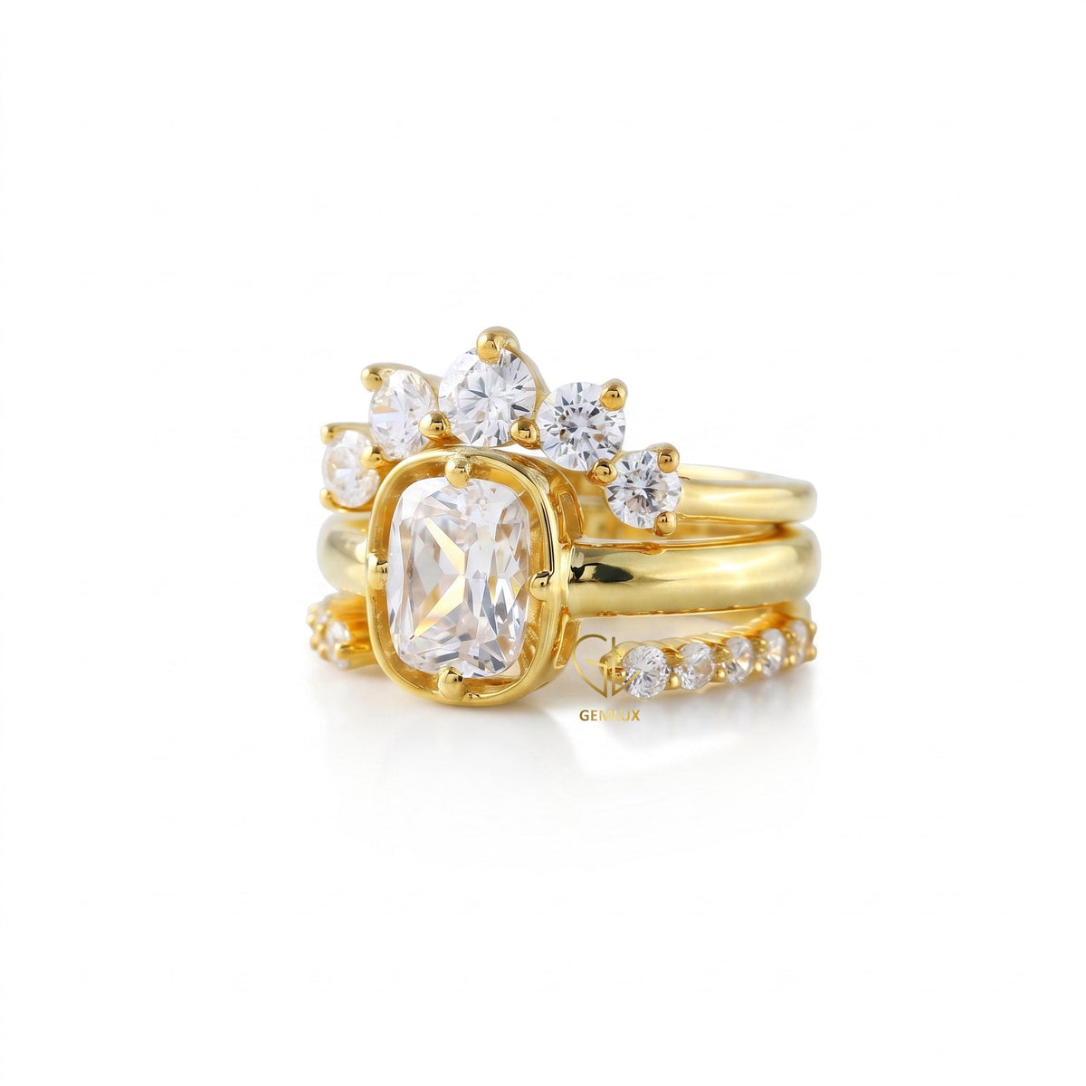 IGI Certified 2 Ct Elongated Cushion Lab Grown Crown Trio Ring Set