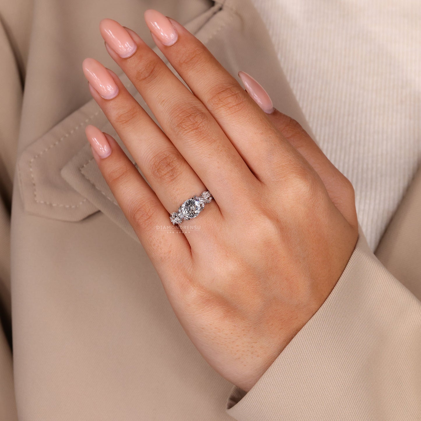 Vintage Style Portuguese Cut Diamond Ring with Twisted Pave Band
