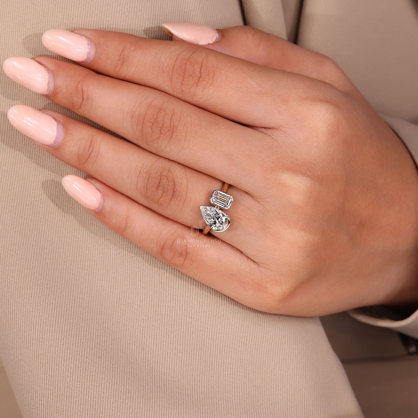 Bezel Set Pear and Emerald Diamond Toi Et Moi Engagement Ring