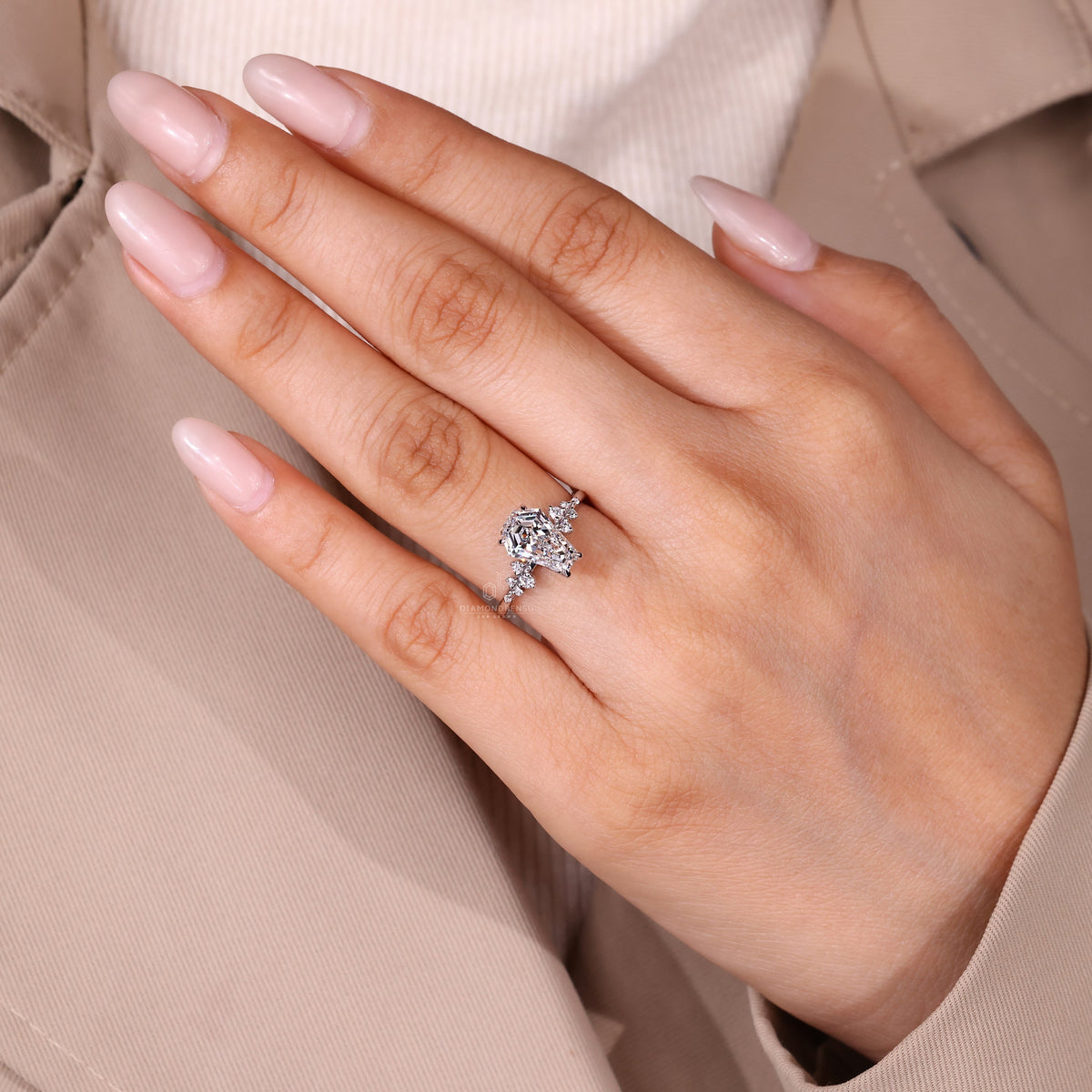 Cluster Diamond Ring with Coffin Center Stone and Tulip Setting