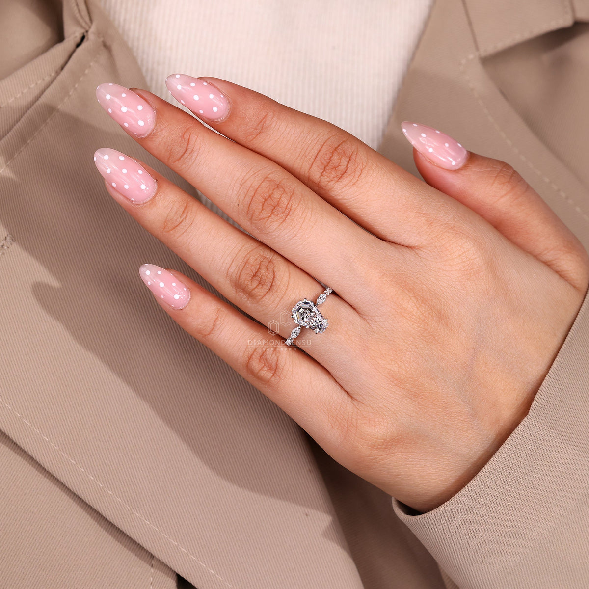 Coffin Shaped Diamond Ring with Marquise Side Stones