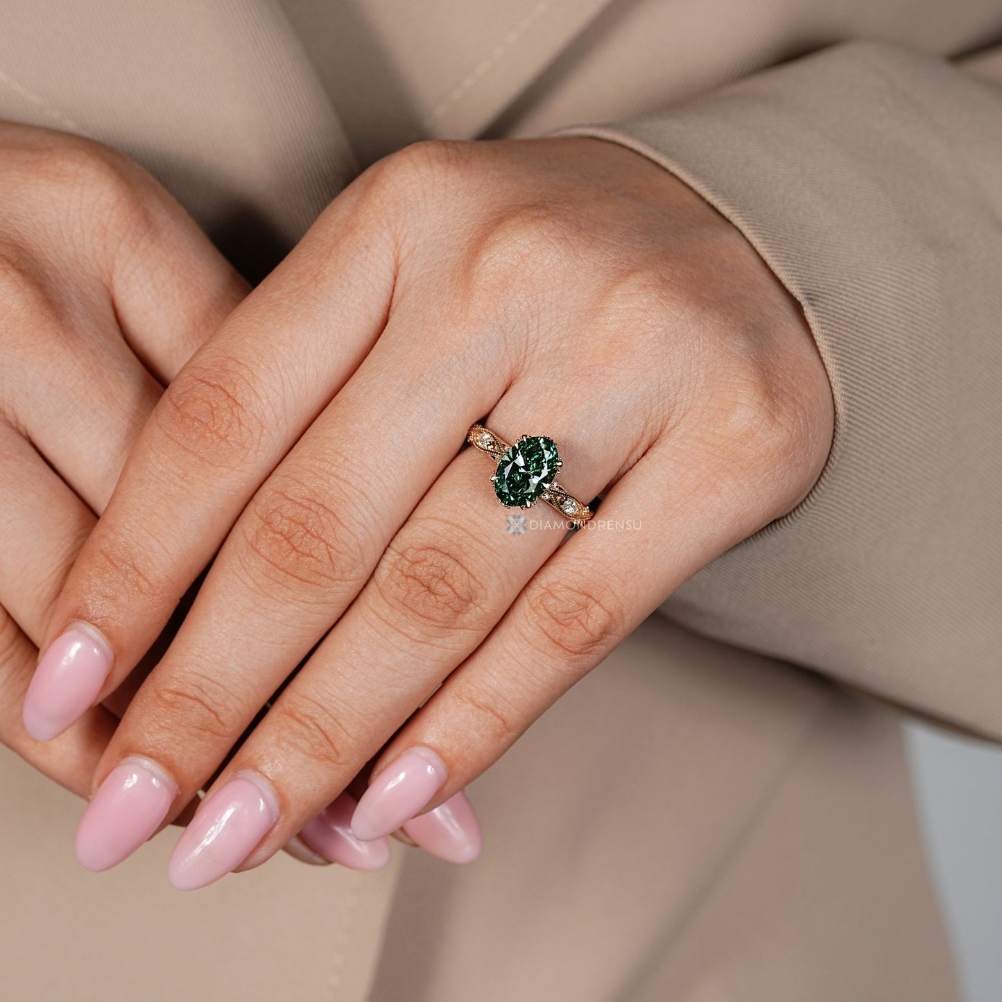Green Oval Cut Diamond Ring with Marquise Outline Round Side Stones