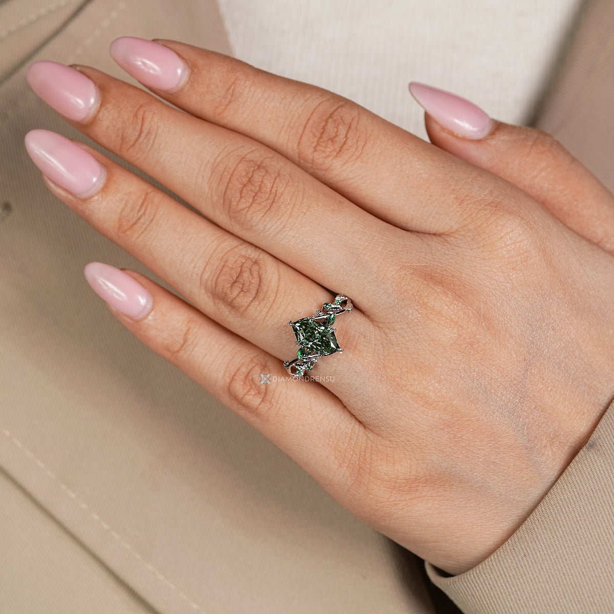 Green Dutch Marquise Diamond Ring in Nature Inspired Style