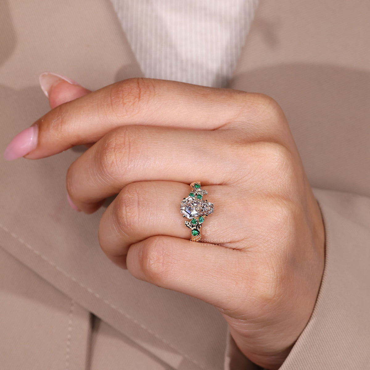 Coffin Cut Engagement Ring with Green Emerald Round Side Stones
