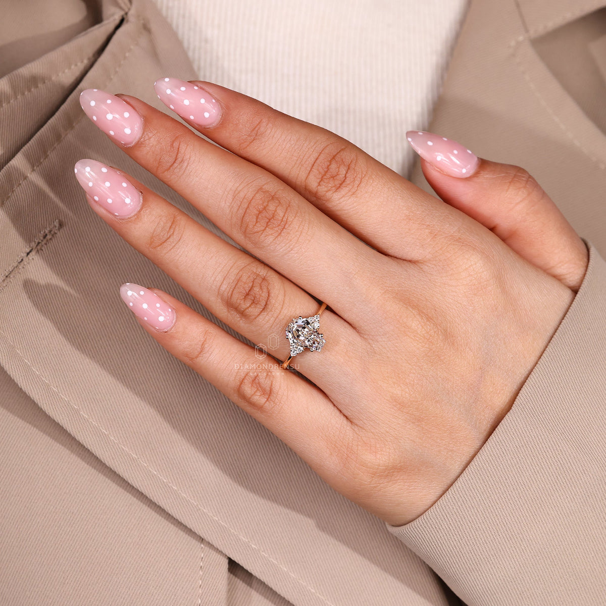 Coffin Cut Diamond Ring with Round Side Stones and Muse Setting