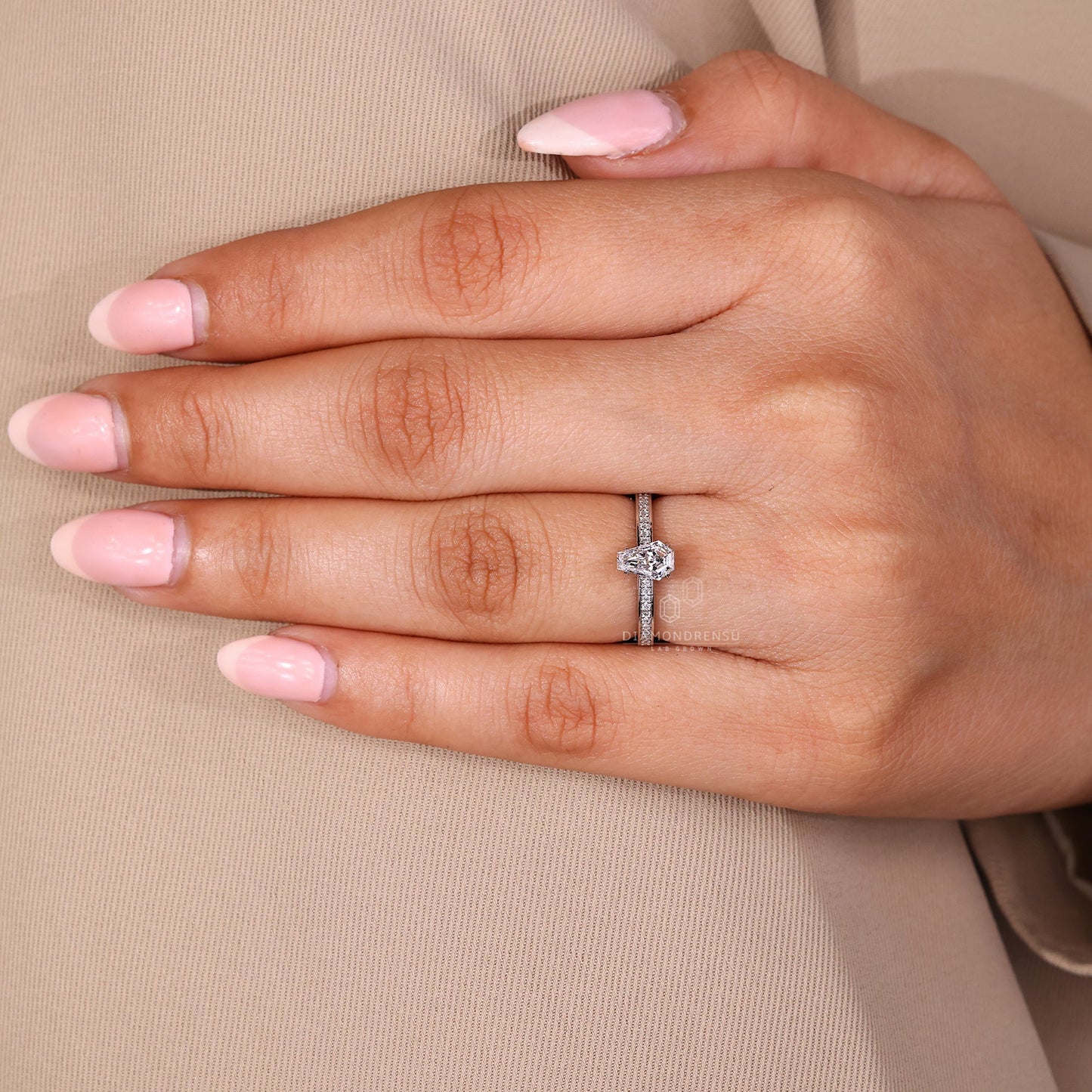 Cathedral Setting Coffin Cut Diamond Ring with Hidden Halo