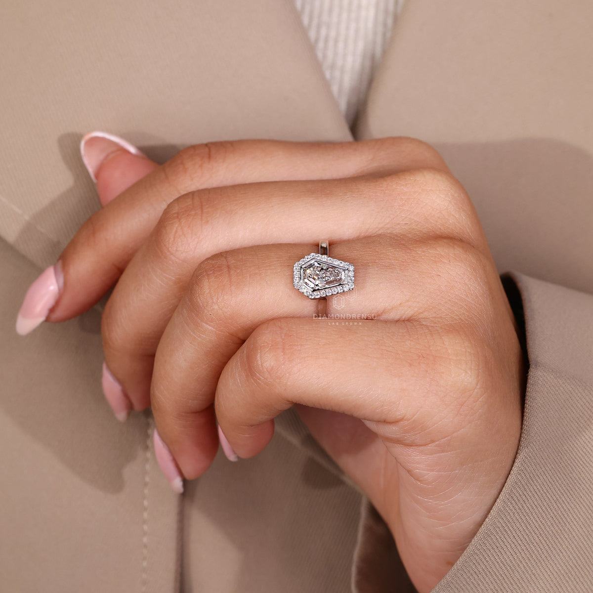 Bezel Set Round Halo Diamond Ring with Coffin Center Stone