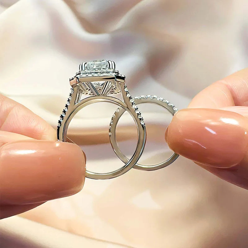 Opulent Emerald Cut 3.0ct Split Shank 925 Sterling Silver Wedding Ring Set