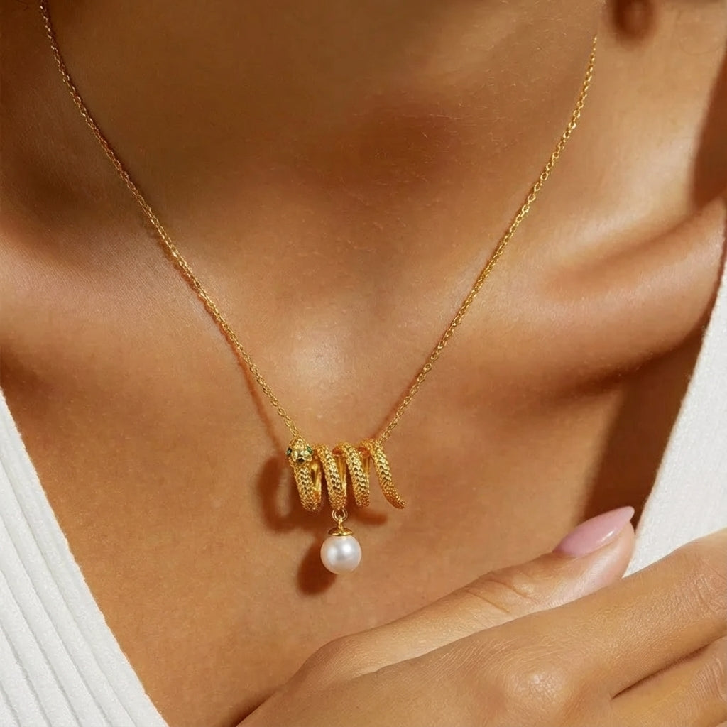 Round Cut Pearl Spirit Snake Unique Necklace