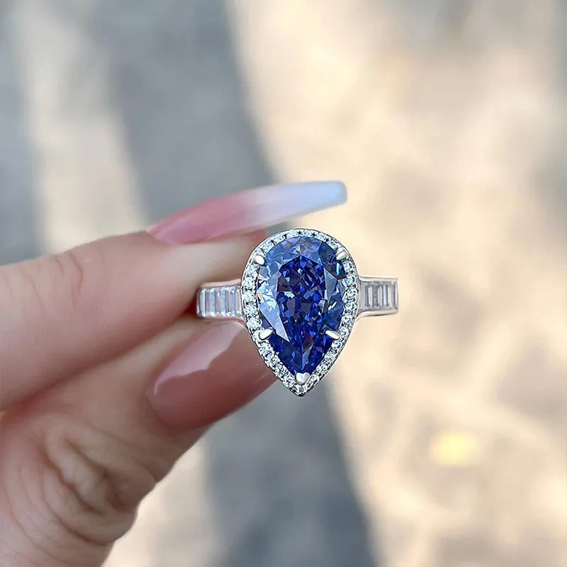 Polished Pear Cut 3.0ct Aquamarine Blue Pave Engagement Ring In Sterling Silver