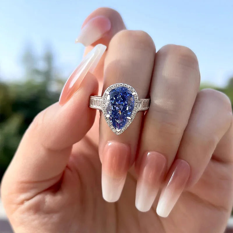 Polished Pear Cut 3.0ct Aquamarine Blue Pave Engagement Ring In Sterling Silver
