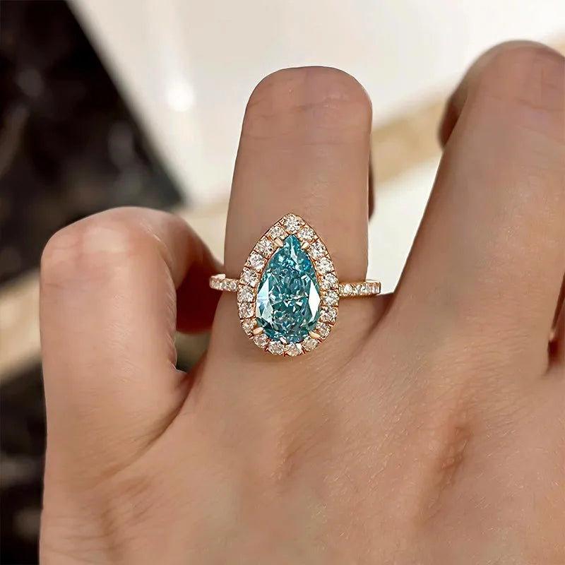 Vibrant Pear Cut 2.5ct Aquamarine Blue Halo Design Engagement Ring In Sterling Silver