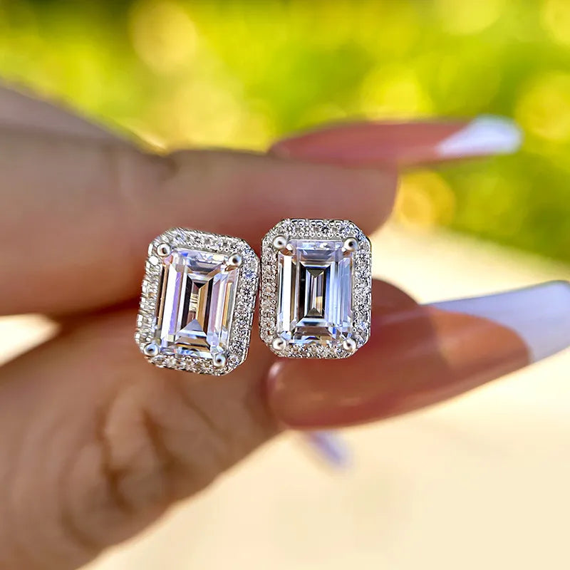 Solarii Halo Emerald Cut Stud Earrings In Sterling Silver