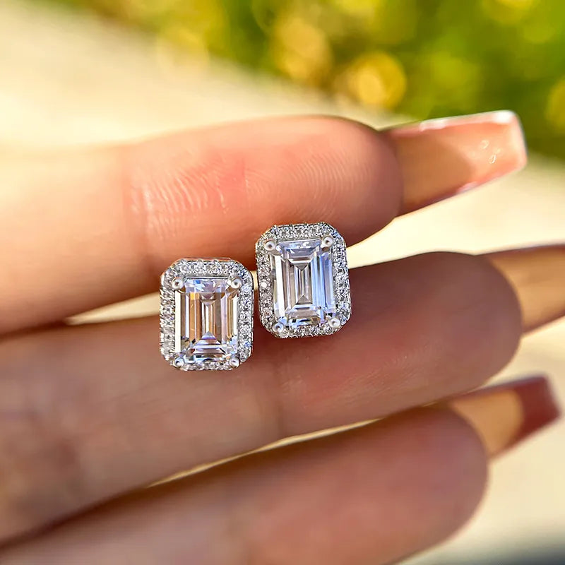 Solarii Halo Emerald Cut Stud Earrings In Sterling Silver