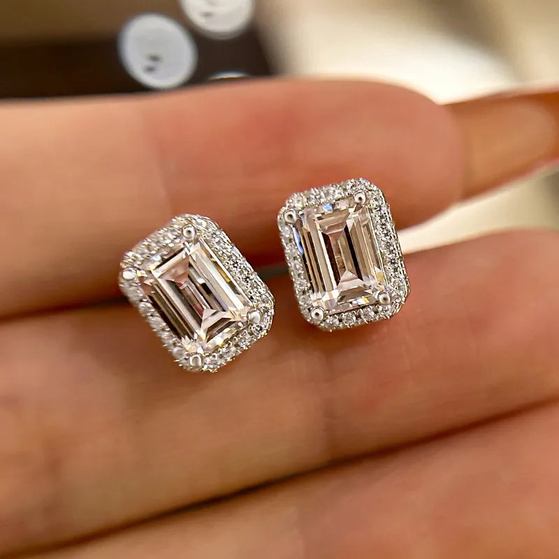 Solarii Halo Emerald Cut Stud Earrings In Sterling Silver