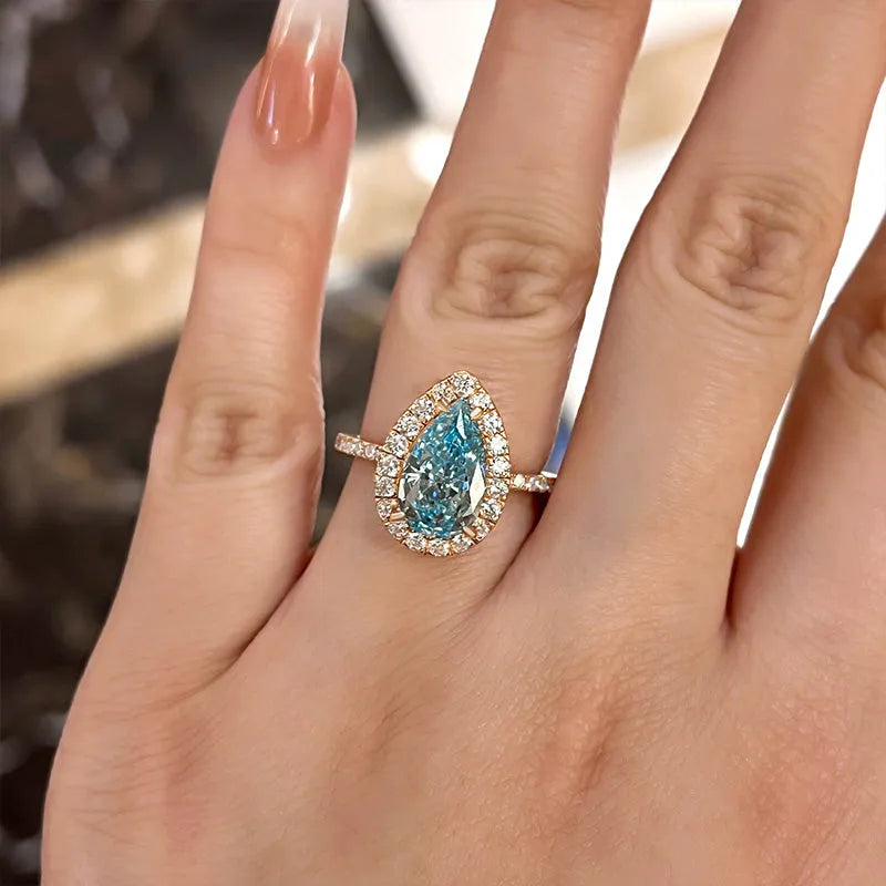Vibrant Pear Cut 2.5ct Aquamarine Blue Halo Design Engagement Ring In Sterling Silver