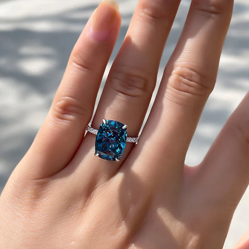 Stunning Cushion Cut 5.0ct Blue Stone Pave Engagement Ring In Sterling Silver