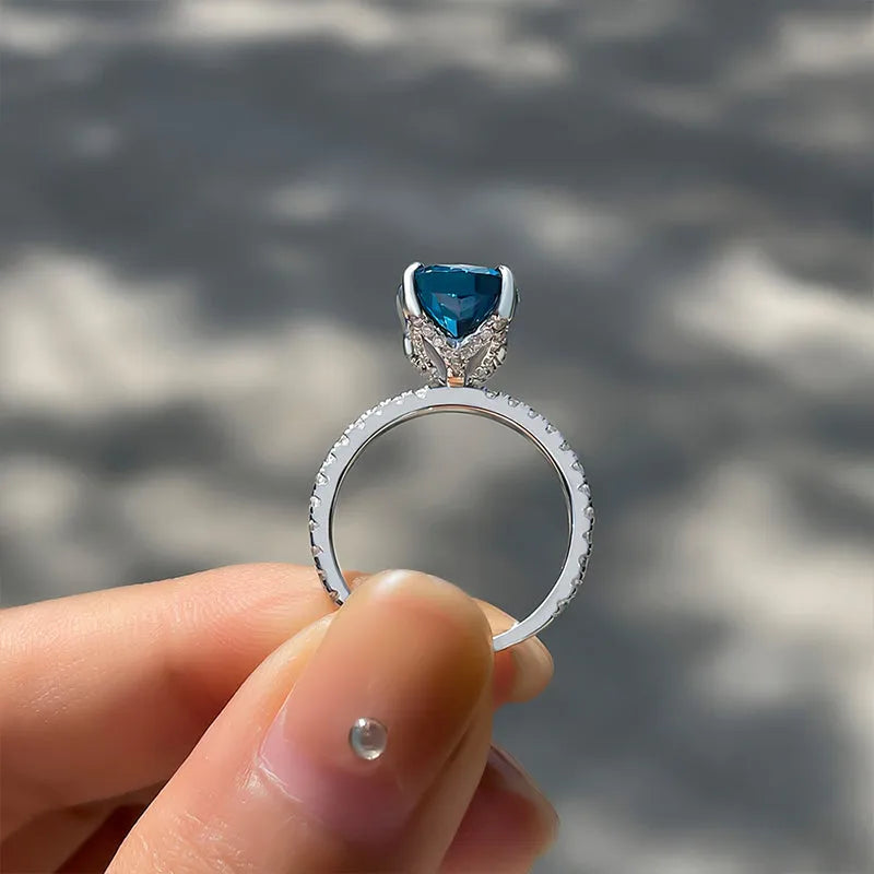 Stunning Cushion Cut 5.0ct Blue Stone Pave Engagement Ring In Sterling Silver