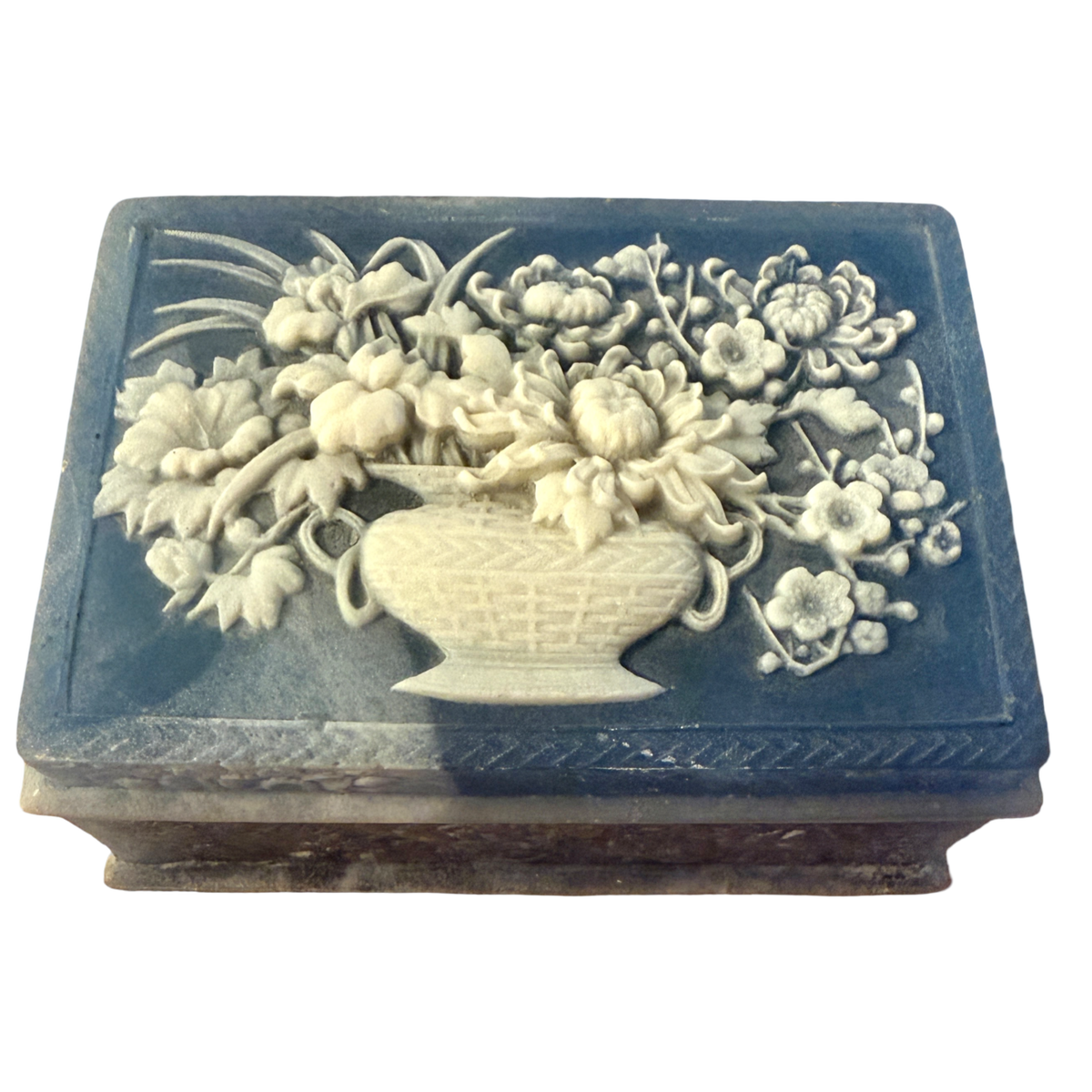 Vintage Blue Incolay Stone Floral Trinket Box