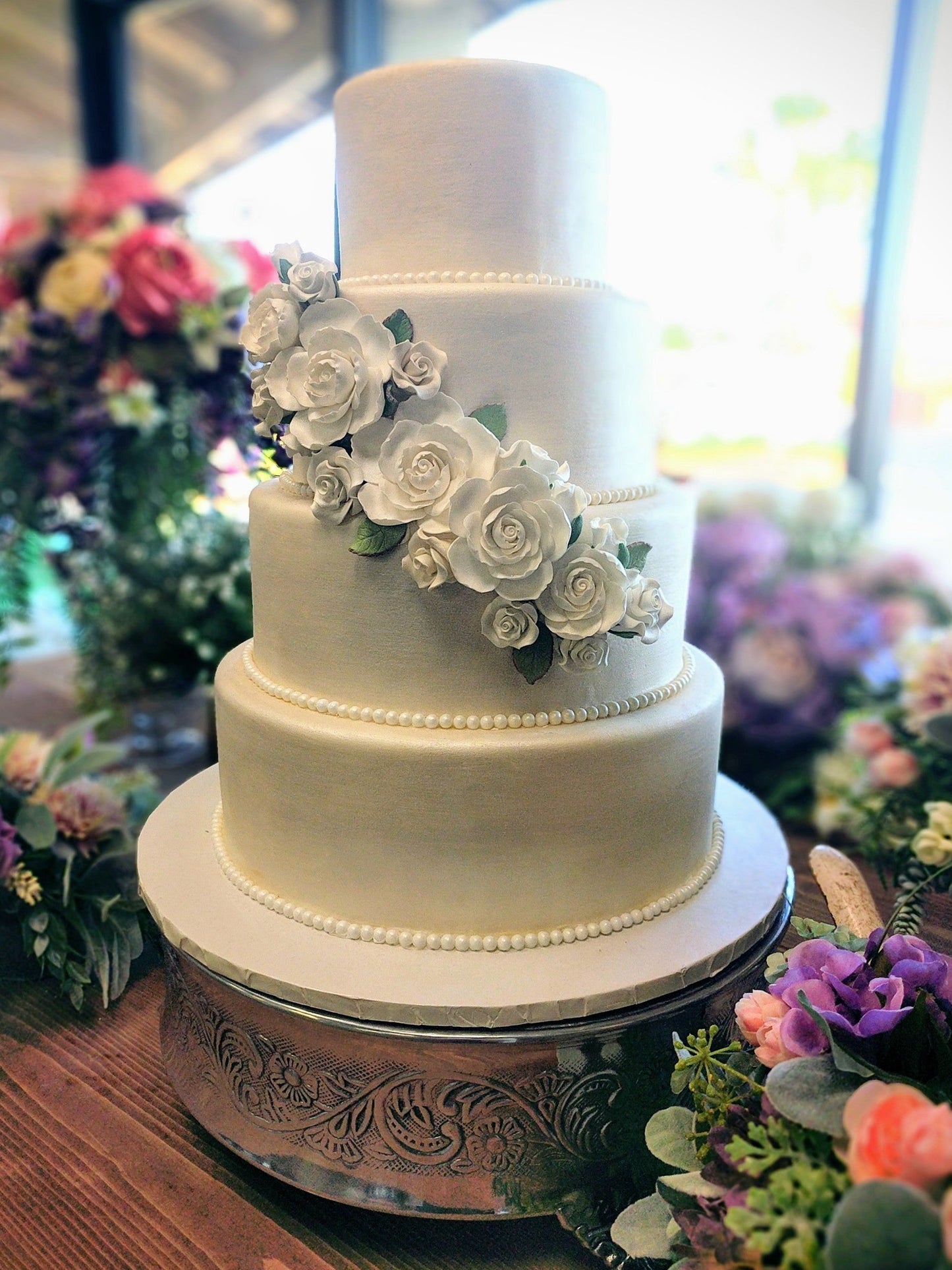 Silver 16" Floral Drum Cake Stand Rental