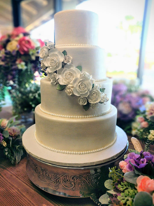 Silver 16" Floral Drum Cake Stand Rental