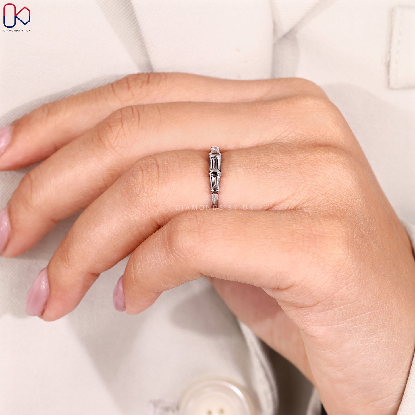 Baguette Cut 3 Stone Wedding Band in White Gold