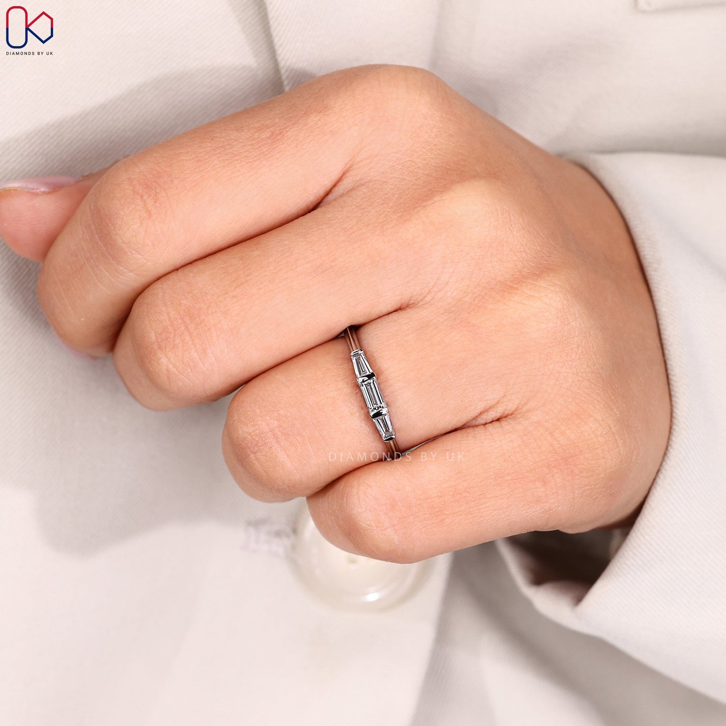 Baguette Cut 3 Stone Wedding Band in White Gold