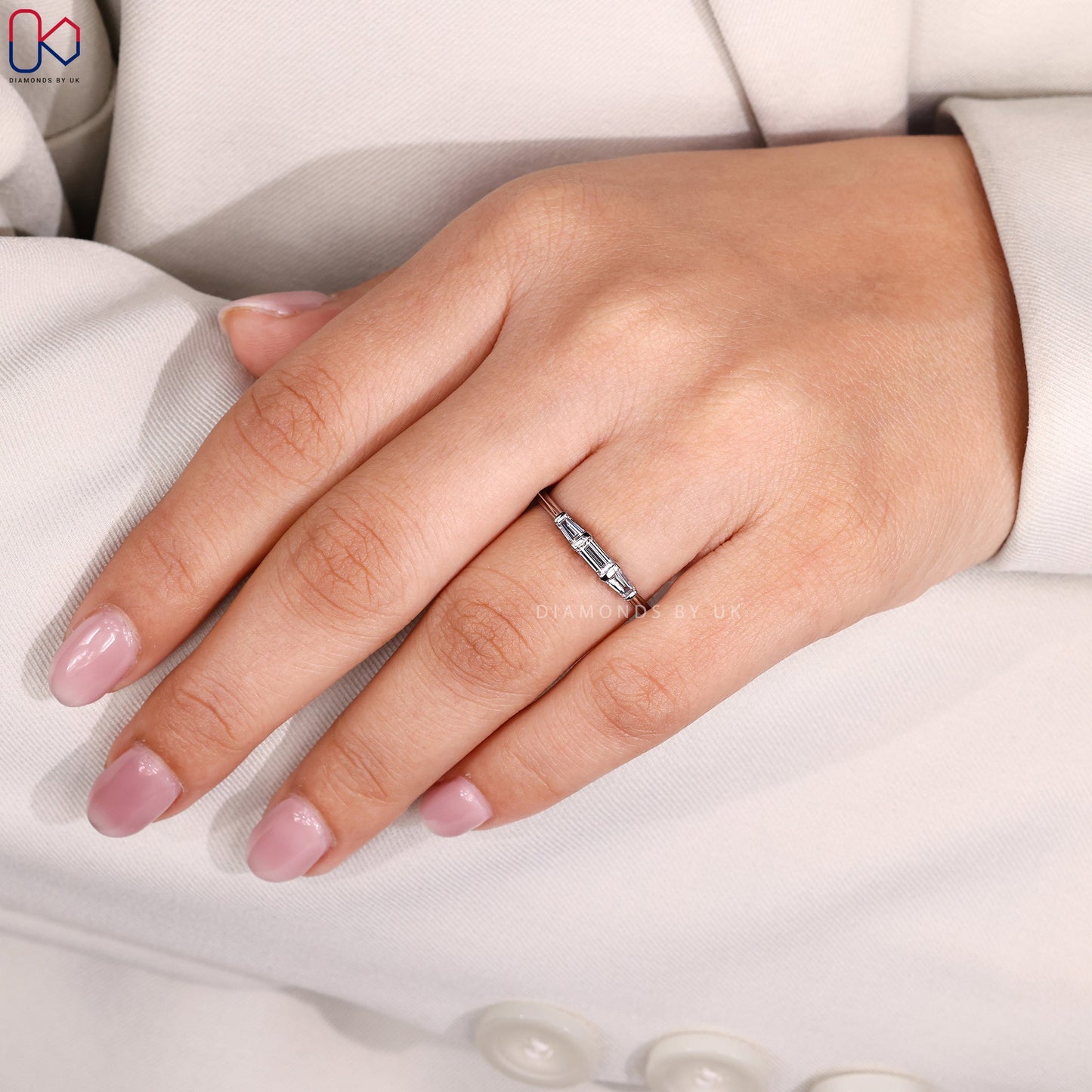 Baguette Cut 3 Stone Wedding Band in White Gold
