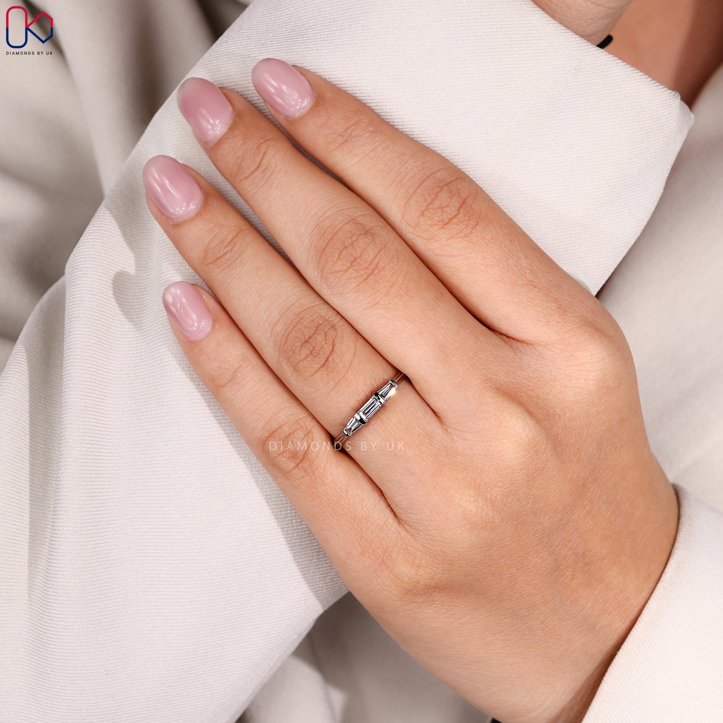 Baguette Cut 3 Stone Wedding Band in White Gold