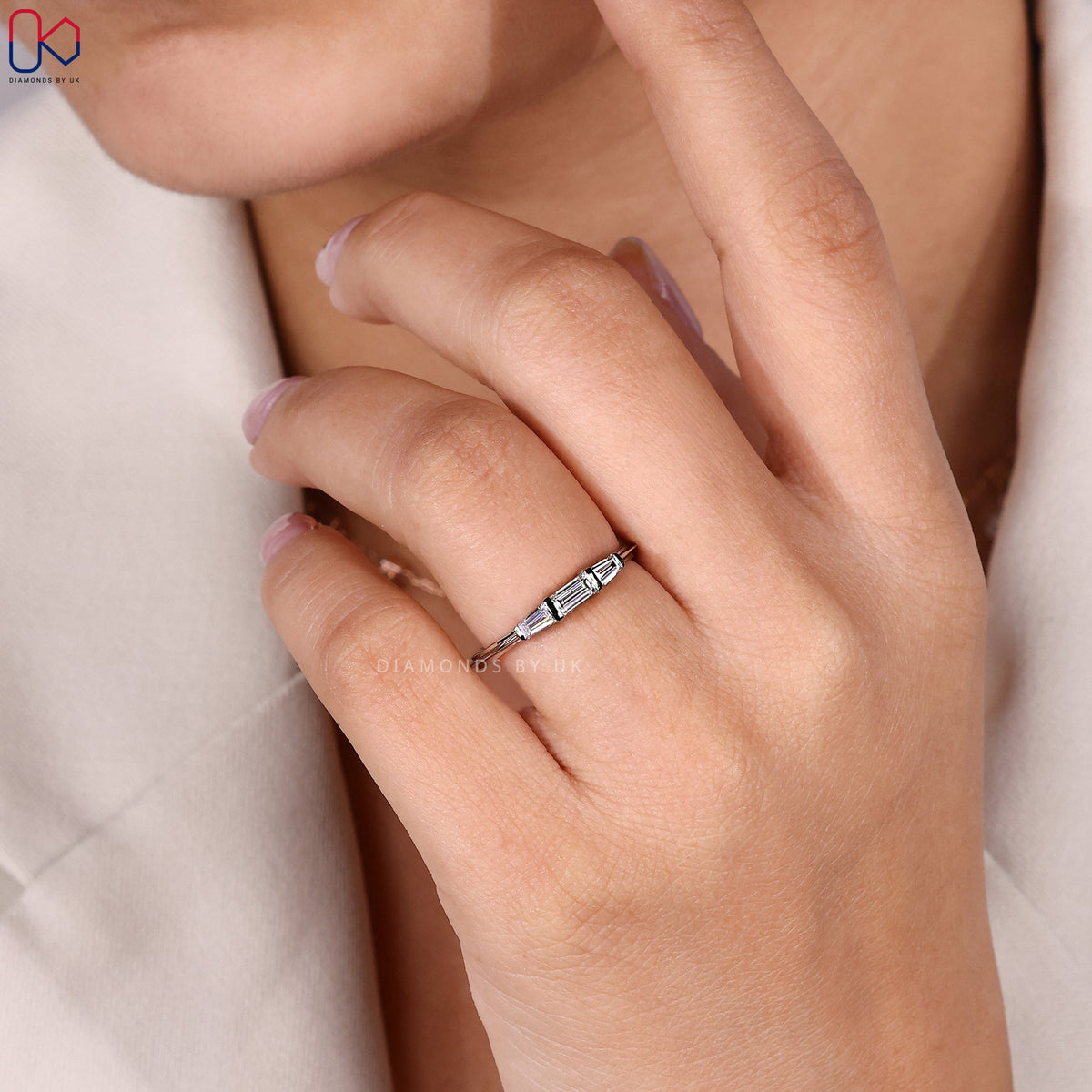 Baguette Cut 3 Stone Wedding Band in White Gold