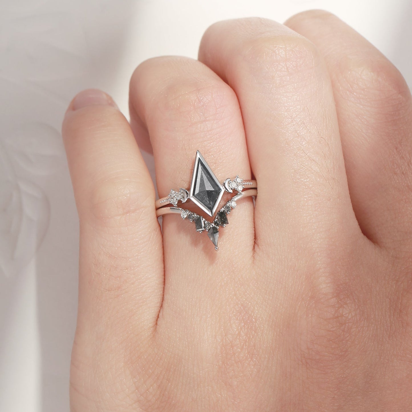 'Pure Moon' - Art-Deco Bezel Kite Cut Salt & Pepper Diamond Crescent Moon Engagement Ring Set