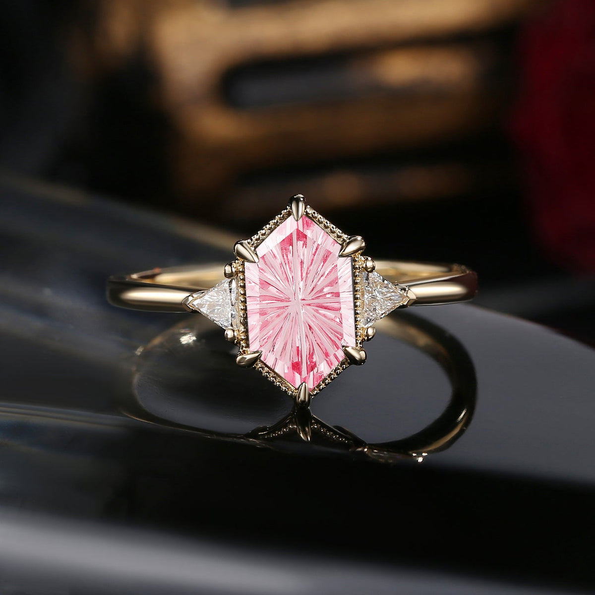 Vintage Inspired Fantasy Carved Long Hexagon Lab Pink Sapphire Three-Stone Engagement Ring