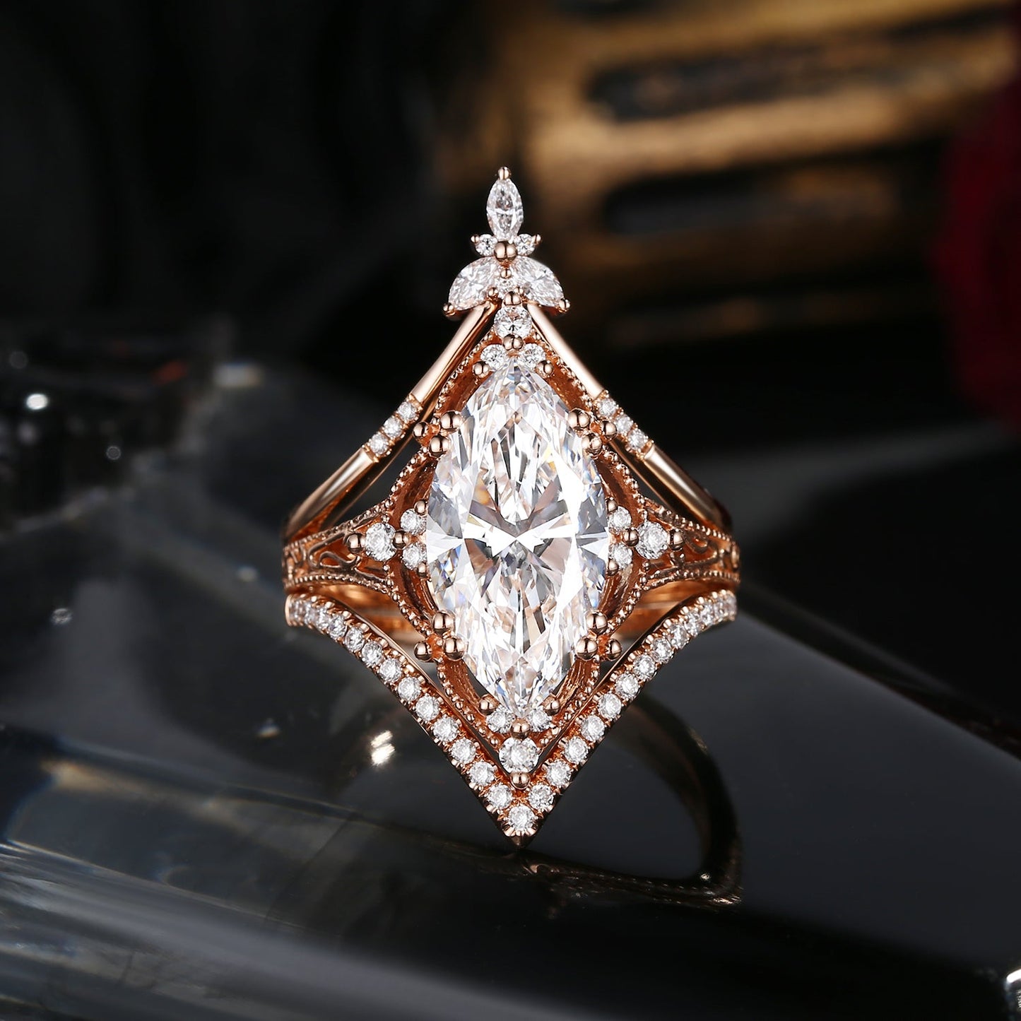 Vintage Inspired Marquise Cut Moissanite Engagement Ring Set 3pcs