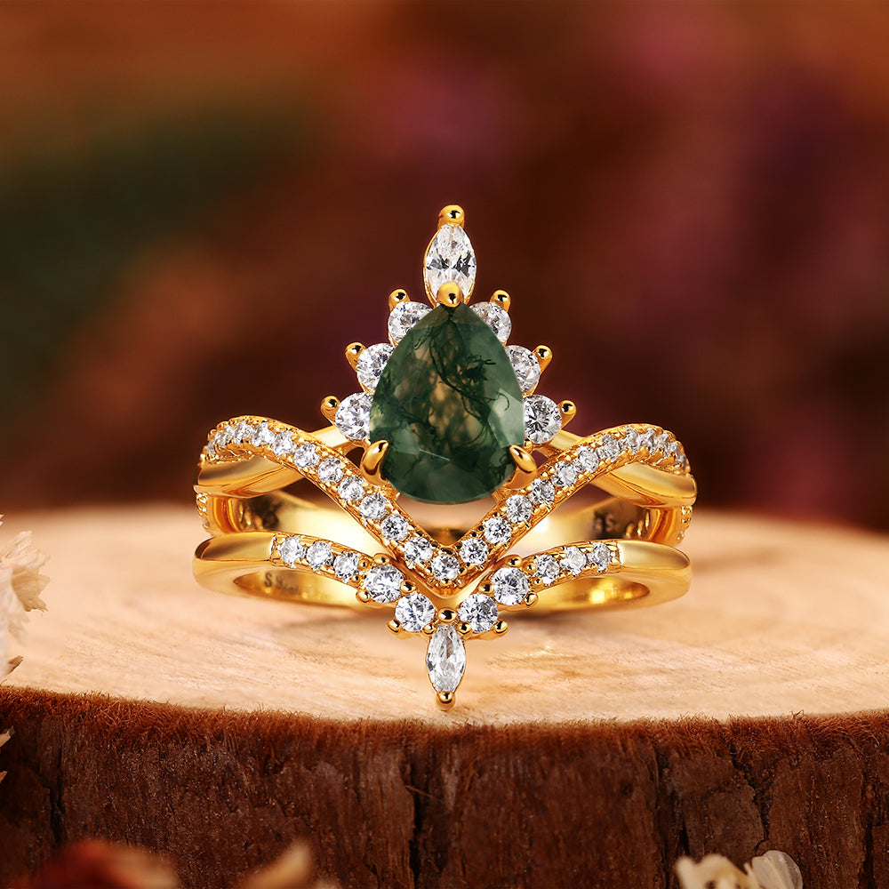 Pear Shaped Moss Agate Engagement Ring Set for Women, Vintage Nature Inspired Wedding Band, 2PCS Teardrop Agate Bridal Set