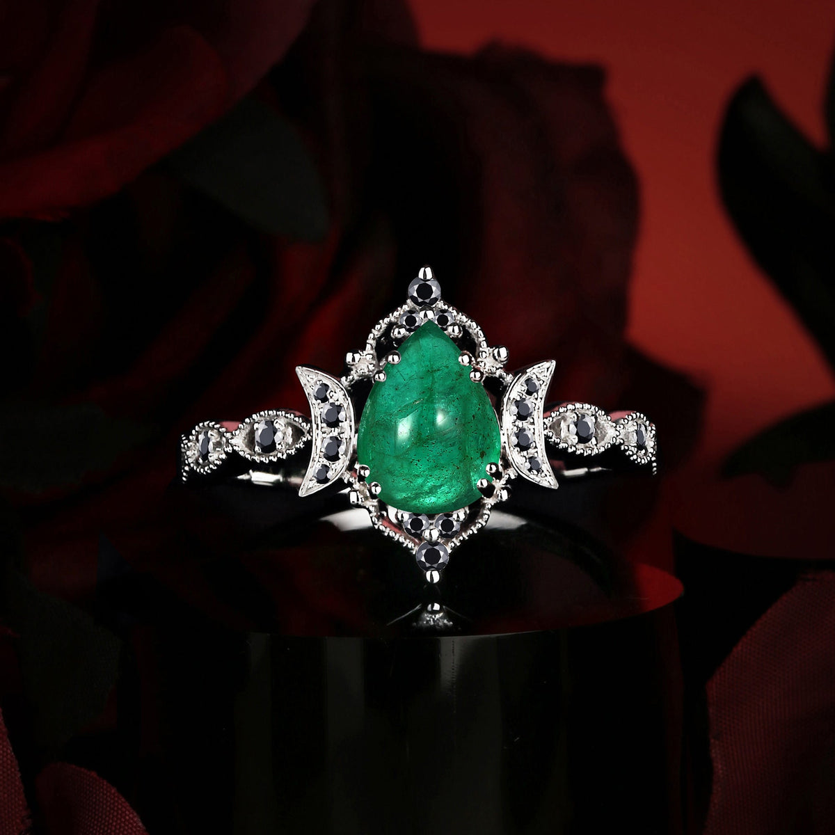 Crescent Moon | Unique Gothic Pear Cut Natural Emerald Engagement Ring - Eclipse