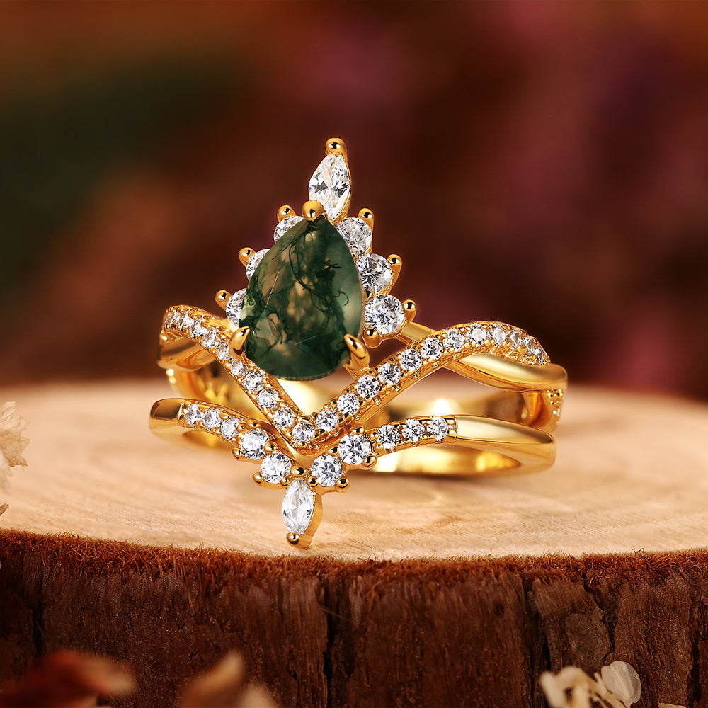 Pear Shaped Moss Agate Engagement Ring Set for Women, Vintage Nature Inspired Wedding Band, 2PCS Teardrop Agate Bridal Set