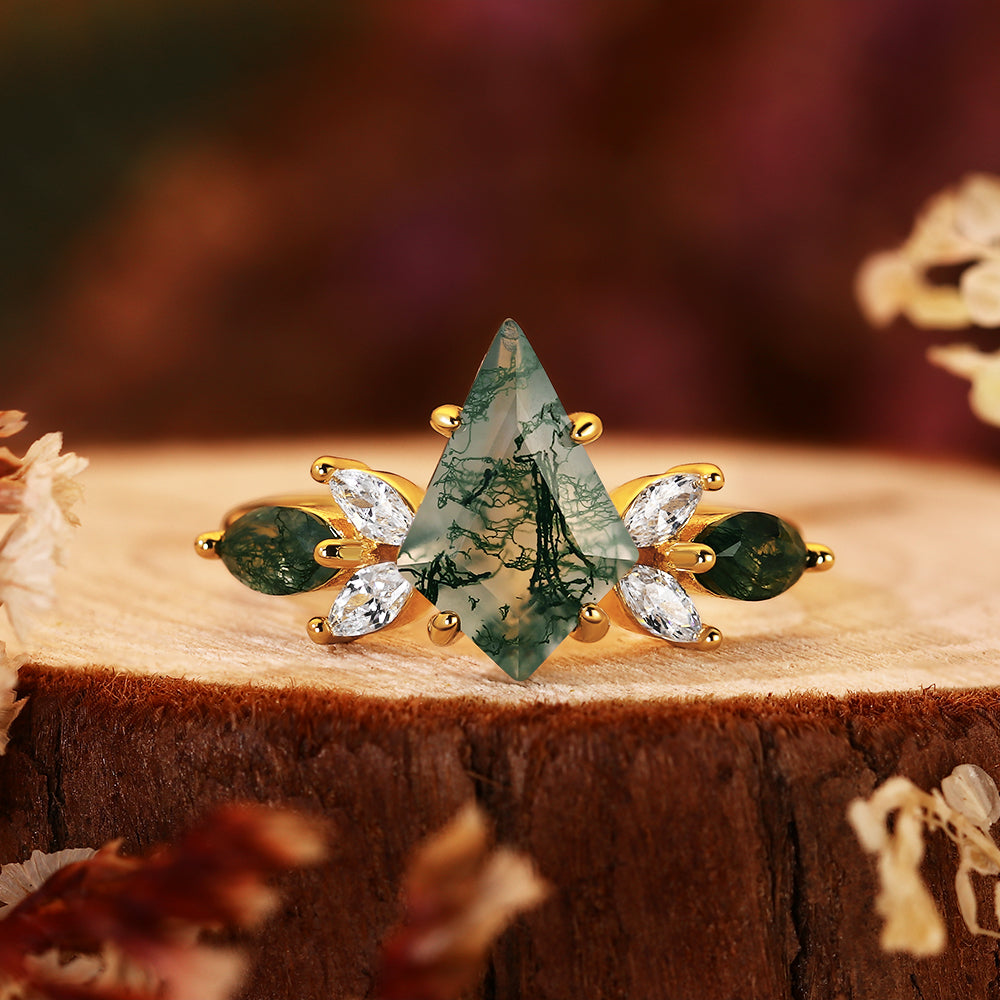 Nature Inspired 8x12mm Kite Cut Moss Agate Engagement Ring Forest Leaf Design