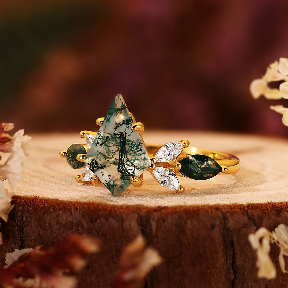 Nature Inspired 8x12mm Kite Cut Moss Agate Engagement Ring Forest Leaf Design
