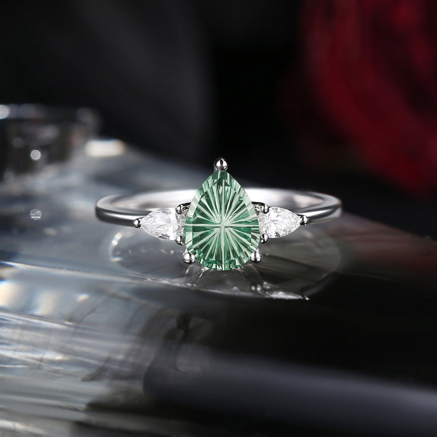 Fantasy Carved Pear Shaped Lab Green Sapphire Three Stone Engagement Ring