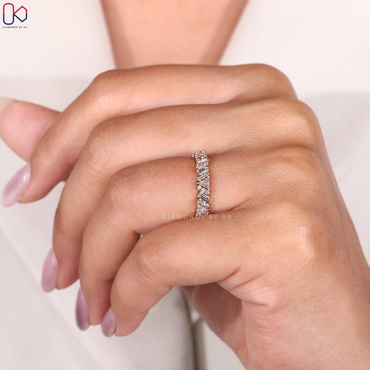 Round, Baguette and Trillion Cut Half Eternity Band