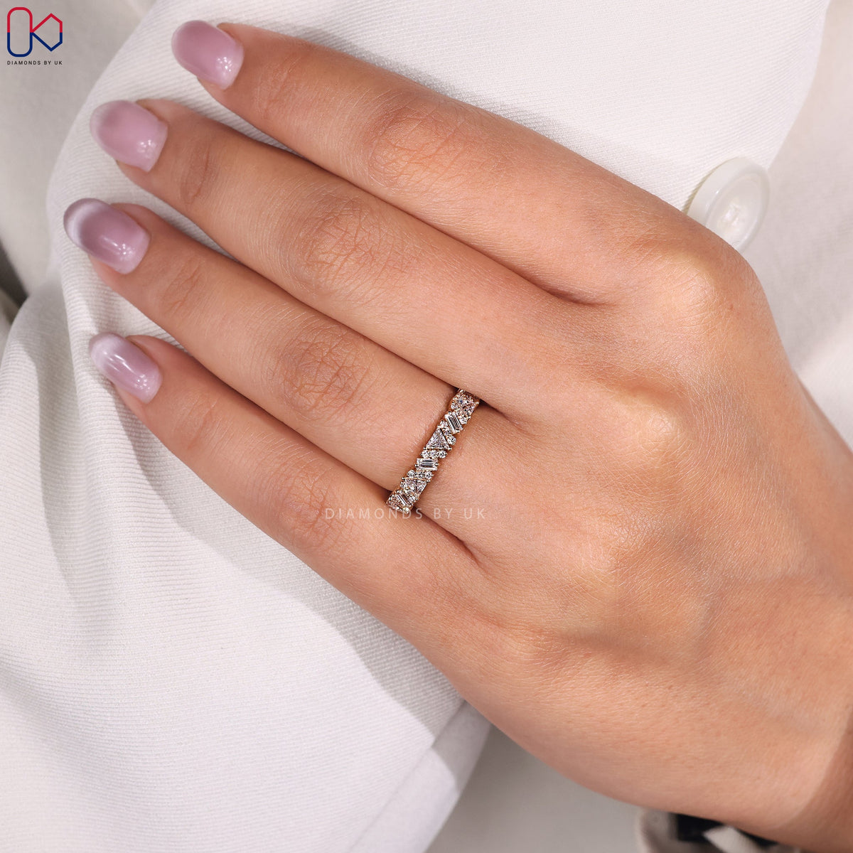 Round, Baguette and Trillion Cut Half Eternity Band