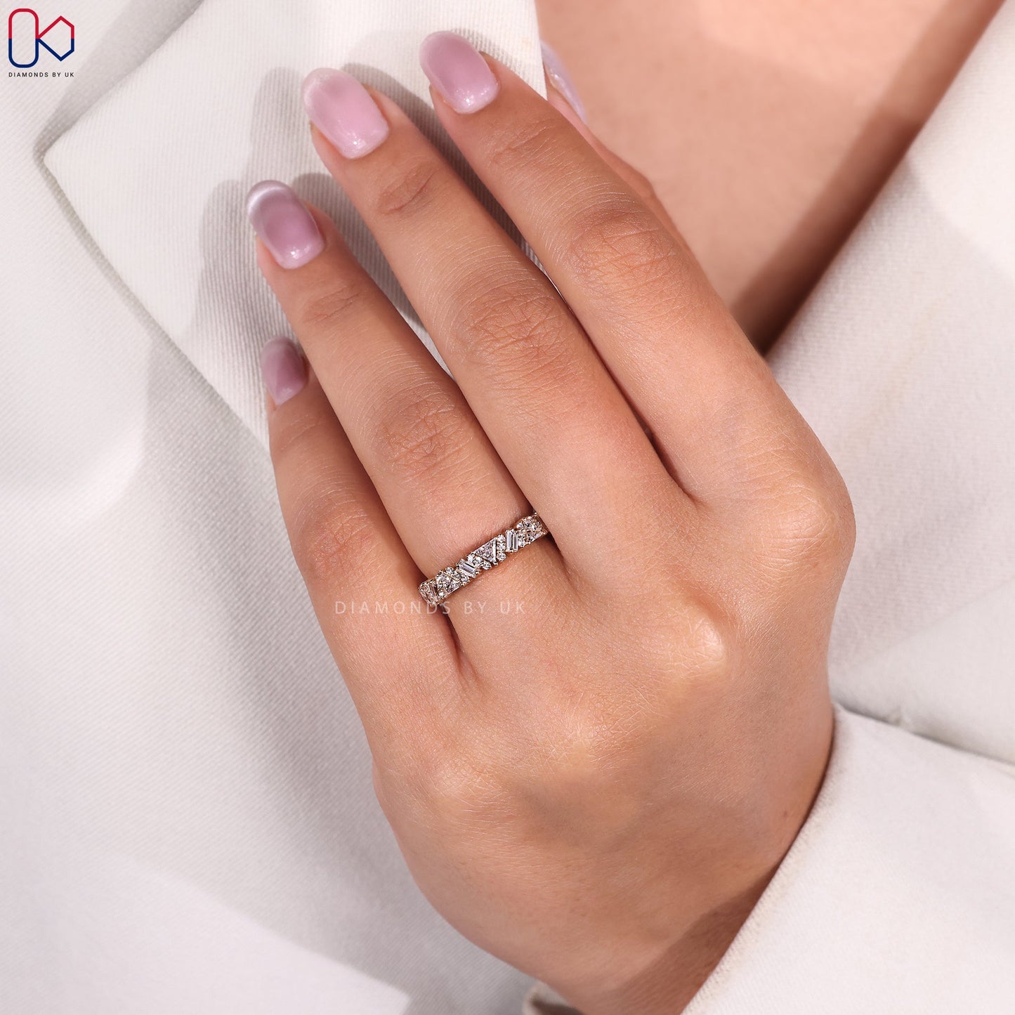 Round, Baguette and Trillion Cut Half Eternity Band