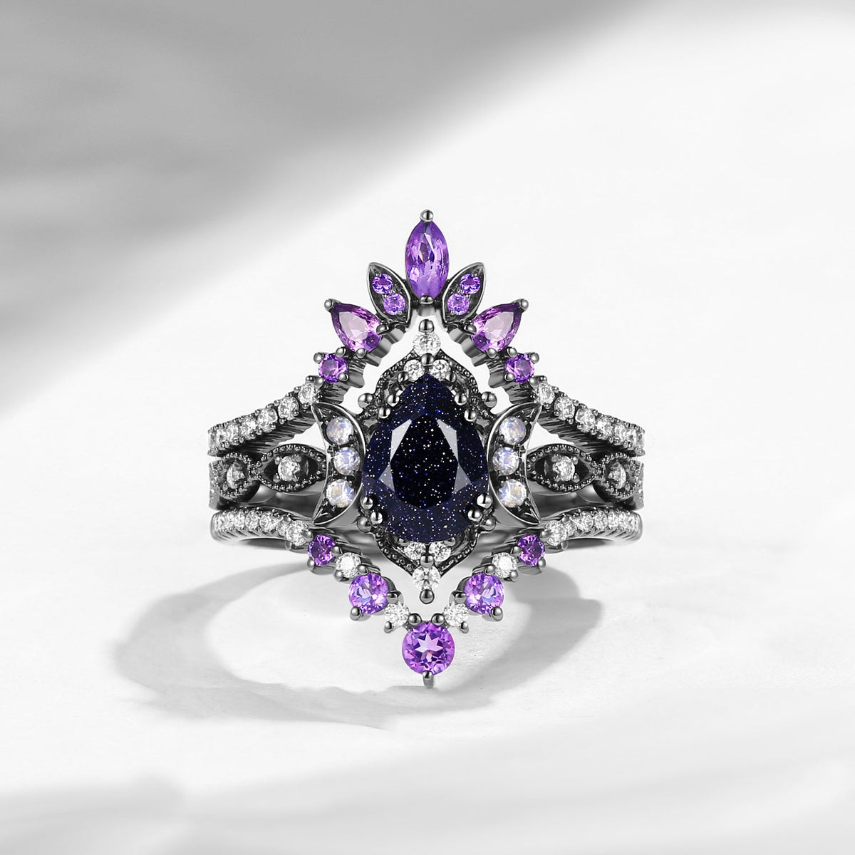 Crescent Moon | Pear Cut Blue Sandstone & Amethyst Ring Set 3pcs