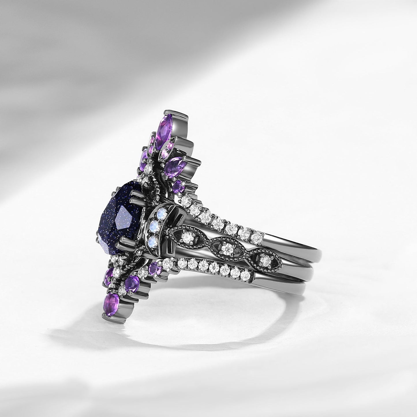 Crescent Moon | Pear Cut Blue Sandstone & Amethyst Ring Set 3pcs