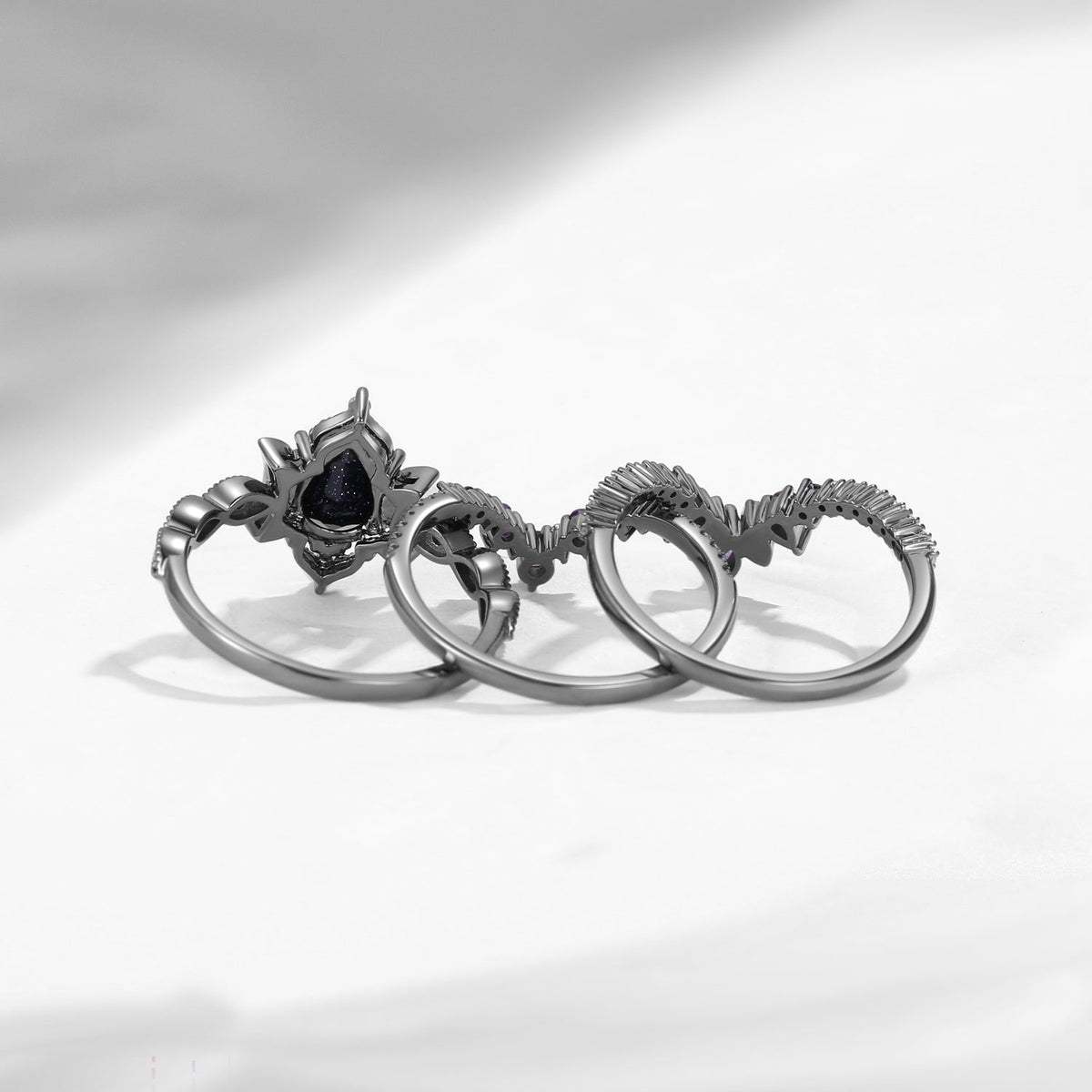 Crescent Moon | Pear Cut Blue Sandstone & Amethyst Ring Set 3pcs