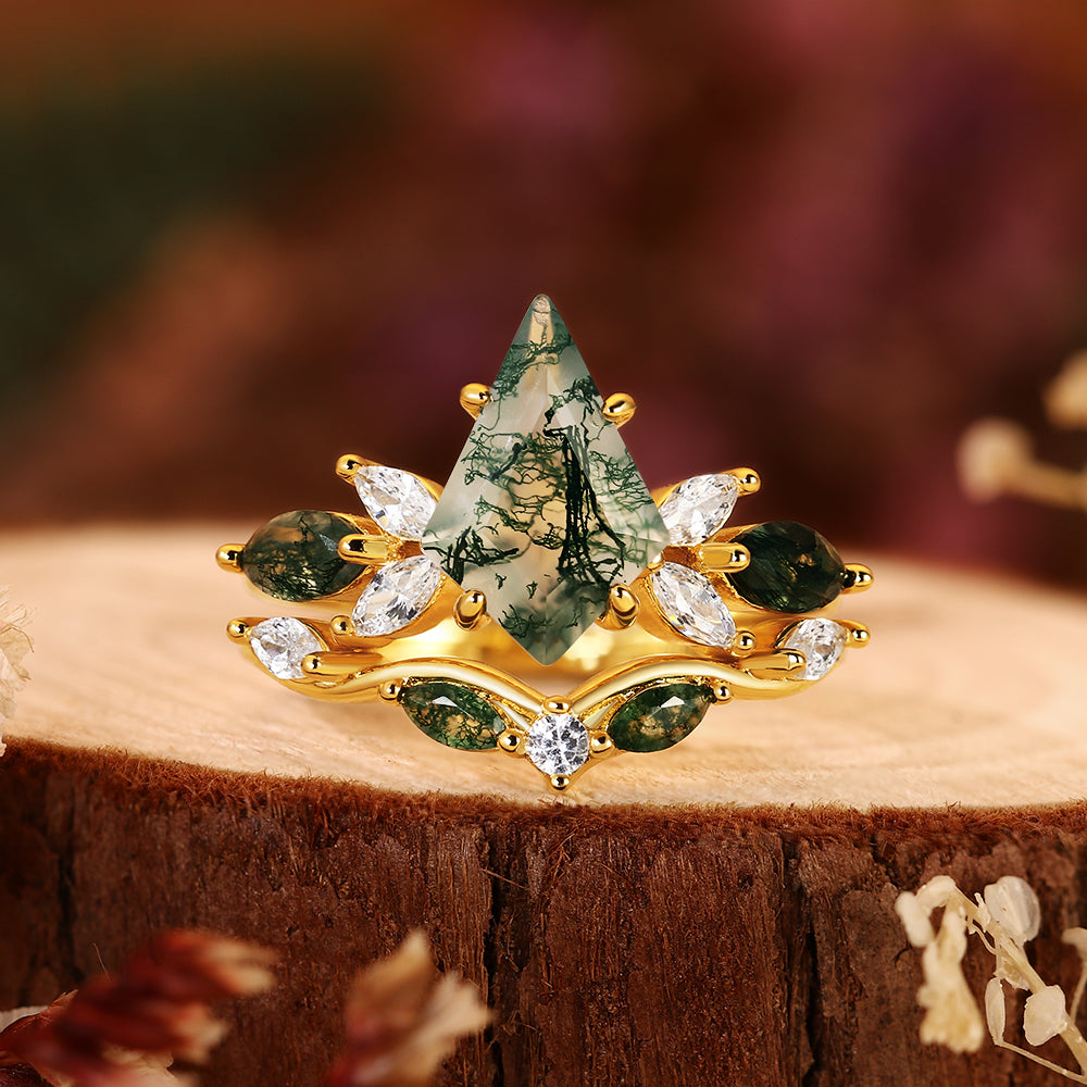 Unique 8x12mm Kite Cut Moss Agate Engagement Ring Set Nature Inspired Vintage Moissanite Wedding Band for Women