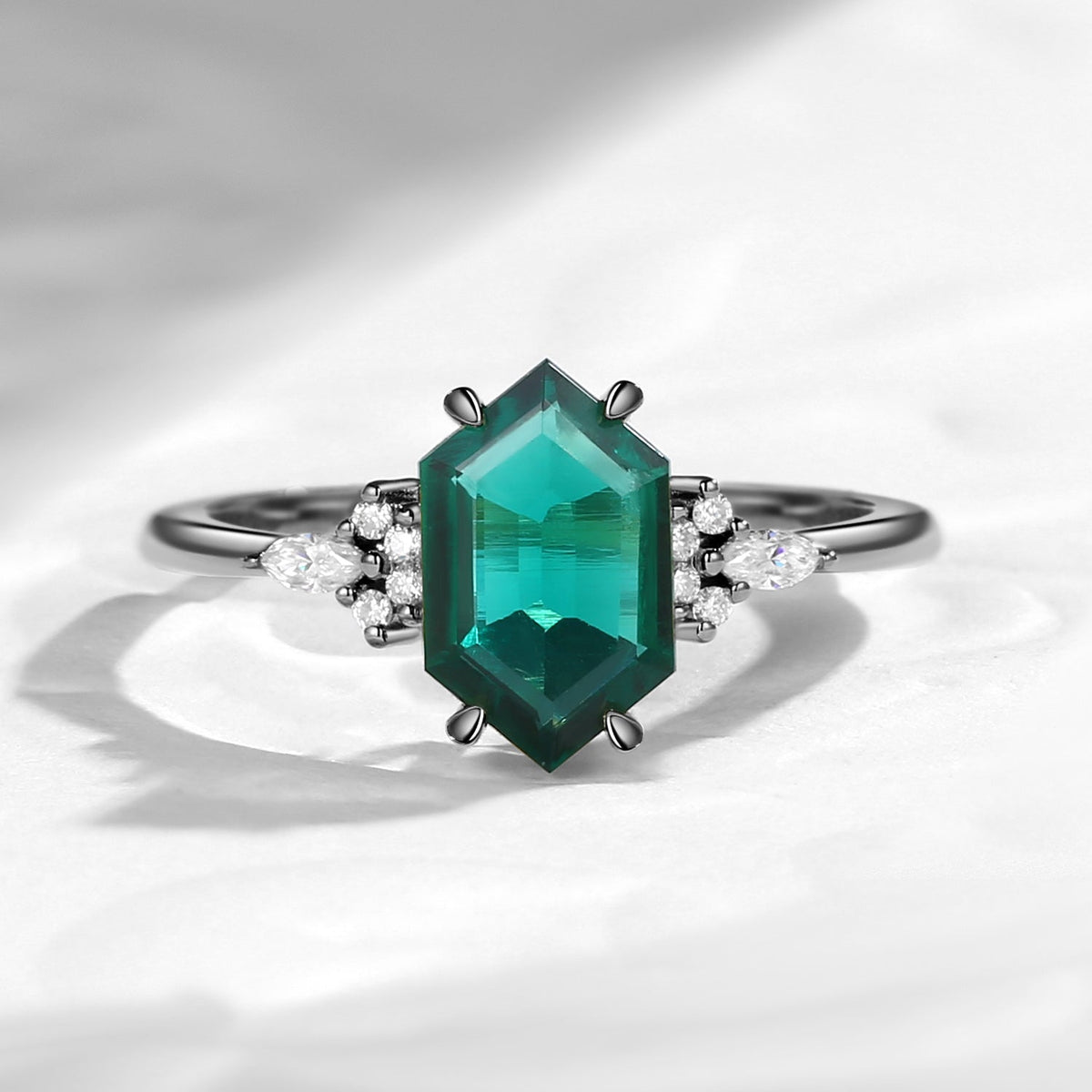 Art Deco Long Hexagon Lab Emerald Cluster Engagement Ring